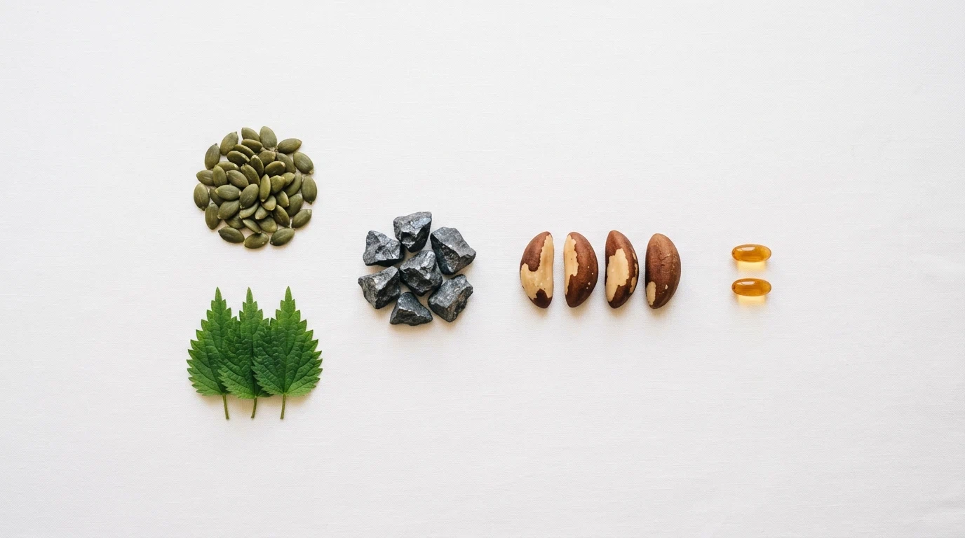 Flatlay ingrediënten Alpha Drive: pompoenpitten, brandnetelbladen, zink, selenium, vitamine E - dagelijkse prostaatondersteuning plantaardige extracten